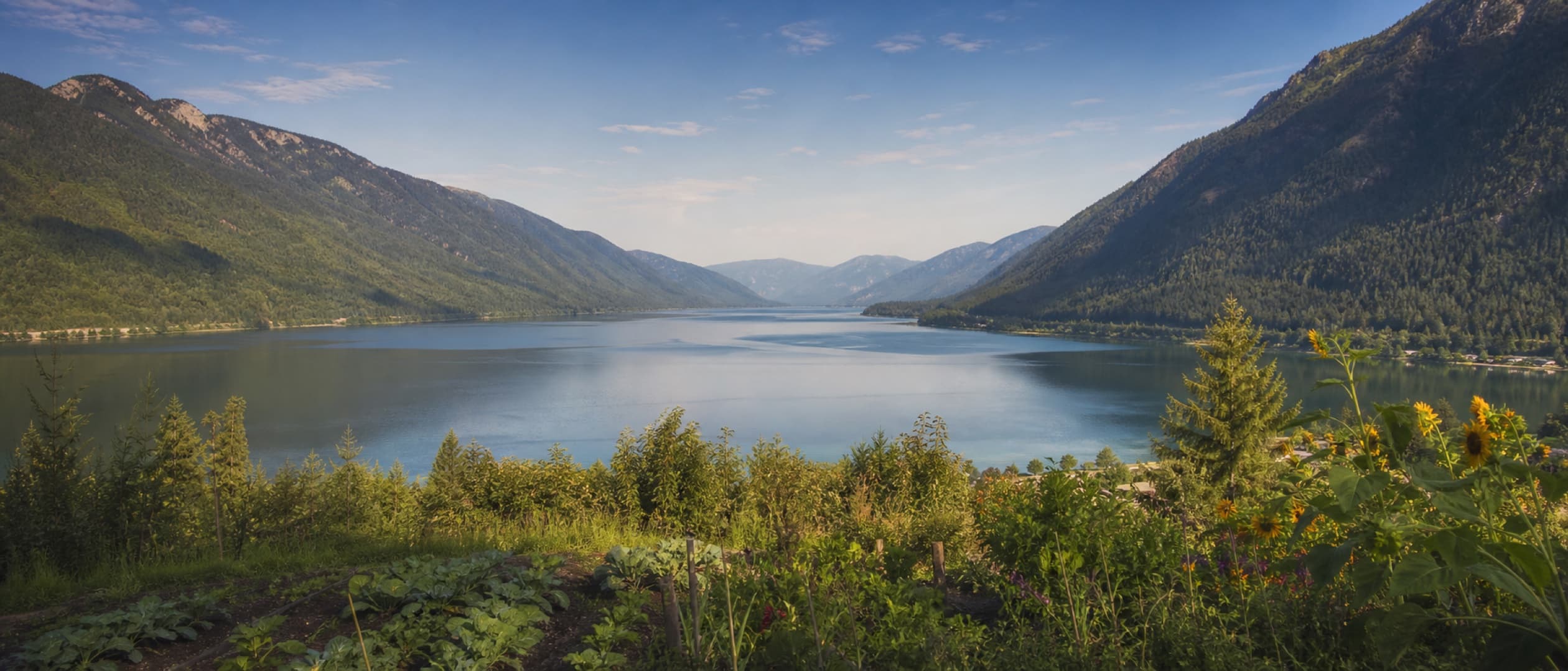 A long mountain lake with forested slopes and garden rows in the foreground
